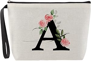 Blisswave A-Z Personalisierte Kosmetiktasche Mädchen, Süße und Schöne Rosa Blumen, Schminktasche mit Initialen, Kulturtasche Klein, Personalisiert Geschenk für Damen und Teenager Mädche