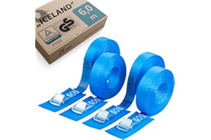 valonic Iceland - 4X 6m cincha de Amarre con Cierre de apriete, 25mm, 250 Kg, Acolchada, Certificado TÜV Rheinl. / GS, EN-12195-2 - Azul, Correa de Amarre para Tabla de Paddle Surf o Kayak
