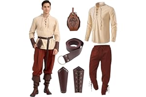 WELLCHY Mittelalter Kleidung Herren Set, Herren Renaissance Kostüm Set mit Leinenhemd Herren Mittelalterliches Piratenhemd, Mittelalter Hose mit Knöchelriemen, Gürtel, Handgelenkschützer Zubehör
