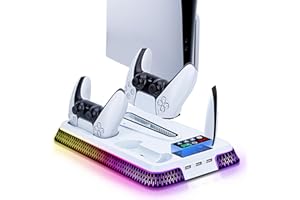 Wigearss PS5/PS5 Slim/PS5 Pro Ventilateur Station de Refroidissement, Support de Charge Vertical avec Chargeur Double pour Manettes, Lumière LED et 3 Hubs USB