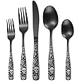 OIULO Pattern Matte Silverware Set for 8,40 Piece Gothic Black Flatware set,Skeleton Flower Bat Unique Pattern Design,Skull Knive Fork Spoon Spooky Season Utensils Cutlery,Halloween Party Event Tab