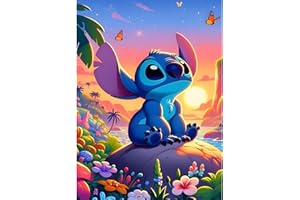 QINRUBB DIY Stitch Peinture Diamant Painting Kit, 5D Cartoon Art du Diamant Complet Kits, Coucher de Soleil Diamond Art Kits Strass Point de Croix Painting pour Adultes Débutants Maison Décor 30X40cm