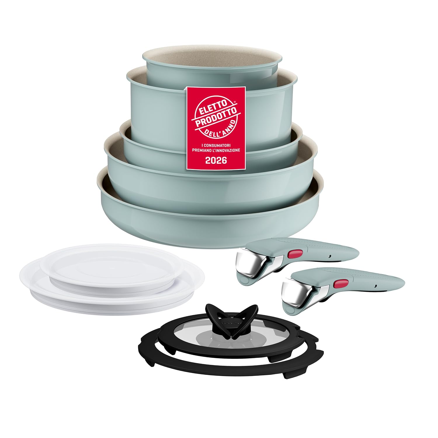 Lagostina Ingenio Pastel, Set Padelle Antiaderenti 11 Pezzi, Color Salvia | Rivestimento Antiaderente, Manico Rimovibile, Design Salvaspazio, Compatibile con Induzione e Forno