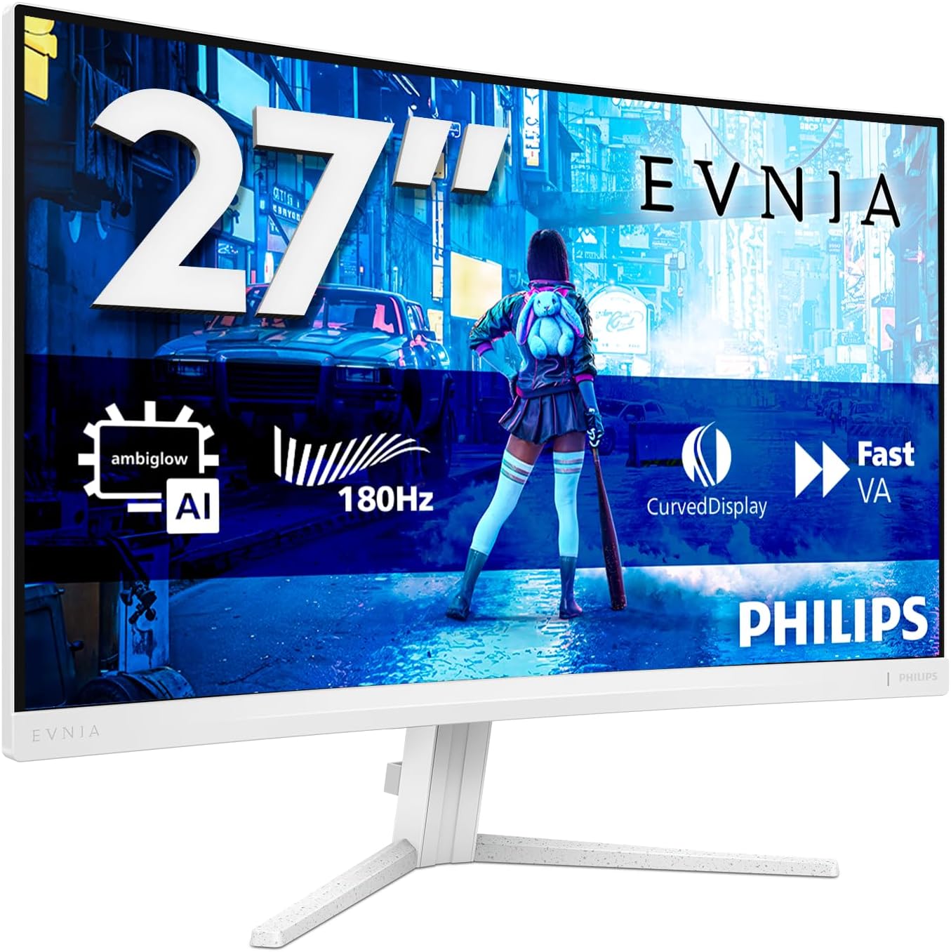 Philips Evnia 27M2C5201L - Monitor Curvo para Juegos FHD de 27 Pulgadas, 180 Hz, 1 ms GtG, FreeSync Premium, AmbiGlow (1920 x 1080, 2 HDMI 2.0, 1 DP 1.4) Blanco
