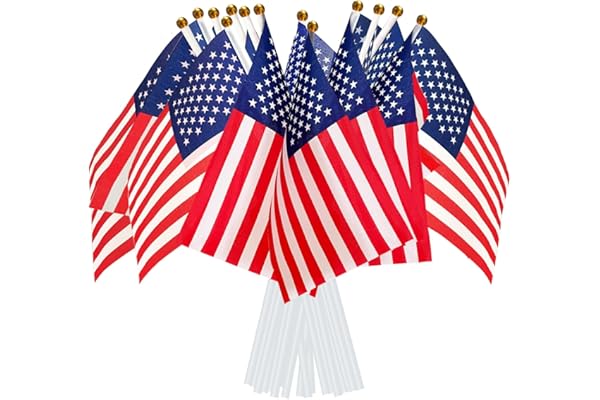 AhfuLife Petit Drapeau Americain - 15Pcs Mini Drapeaux USA avec Poteau Solide Blanc 30cm pour Décoration Jardin Bar Jour de l'Indépendance, Procession, Memorial Day, Élection