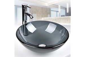 BELOFAY Modern Design Bathroom Counter Top Wash Basin Sink Black Glass, Glass Bowl Cloakroom Round Basin for Vanity Cabinet Toilets and Bathrooms 42x14x42cm WxHxL
