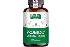 Raibu Probiotics for Gut Health - Probiotics & Prebiotics - 25 Bacterial Cultures - 180 Enteric Coated Capsules - 60 Billion CFU - Lactobacillus Acidophilus & Bifidobacterium - No additives & Vegan