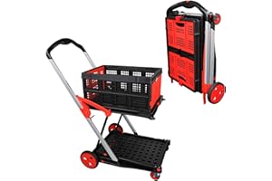 APOXCON Folding Shopping Cart with One Crate, Multiple Uses Two Tier Collapsible Cart with 360° Rolling Swivel Wheels, Heavy Duty Utility Cart Foldable Trolley for Shopping, Picnic and Office - Red