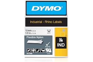 Industriella, flexibla DYMO Rhino-nylonetiketter | 12 mm × 3,5 m | Svart text på vit tejp