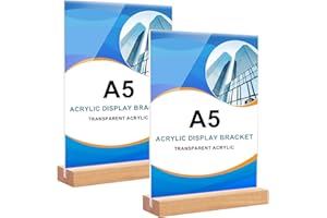 NLONLL 2 Pièces Présentoir de Table A5 Support pour Menu en Acrylique avec Pied en Bois Double Face Porte Affiche en T Présentoirs Vertical de Table pour Annonces, Photos, Menus, Flyers (21 x 15cm)