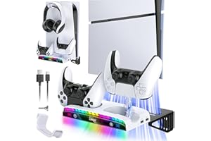 AUARTE Soporte de pared RGB para consola de juegos PS5 Slim/PS5 con estación de carga, soporte de metal estable con cargador de controlador (15 luces RGB) y soporte para auriculares y 3 concentradores USB