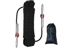 HAIY Climbing Rope, 10mm Outdoor Static Rock Climbing Cord, High Strength Safety Nylon Rope 2 Carabiner, for Escape, Fire Rescue, Camping, Dockside Mooring, Fixing, Black Length 20m