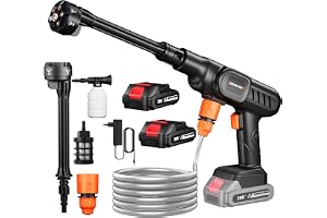Högtryckstvätt batteri, 21 V max 60 bar högtryckstvätt, Press & Clean tvättspistol, 5M slang, 6-i-1 justerbart munstycke, skumkanna (med 2 x 4 000 mAh batterier)