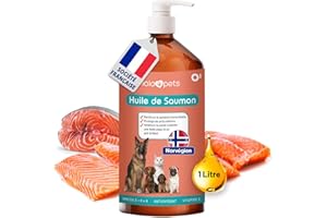 O³ Huile de Saumon pour Chien et Chat 1 Litre - Saumon de NORVÈGE 100% Naturelle - Pressé à Froid - Riche en Omega 3+6+9 et Vitamine E | Pratique doseur (Rouge)