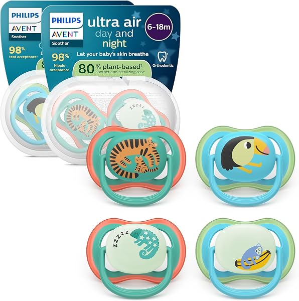 Philips Avent ultra air Day & Night Schnuller – kiefergerecht geformtes Design, für Babys, 6–18 Monate, leuchtet im Dunkeln, weicher, symmetrischer Silikonsauger, BPA-frei, 4er-Pack, SCF087/27 - 1