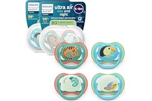 Philips AVENT Ultra Air Day & Night Pacifier - Orthodontic Design for Babies 6-18 Months, Luminous Version Soft Symmetrical Silicone Pacifier, BPA-Free Sterilizer Case, 4 Pack, SCF087/27