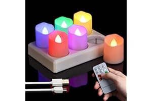 FREEPOWER 6 lumini LED ricaricabili colorate con stazione di ricarica, candele elettriche RGB tremolanti con telecomando timer dimmerabili, con cavo USB, Ø 4 x 4,5 cm