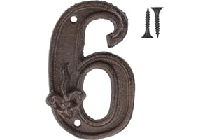 Vandicka Numéro de Maison 6, Numéro de Porte, Numéro D'adresse, Numéro de Boîte aux Lettres - Style Vintage, Rustique Marron Vieilli Finition avec Fleur de Lis Gaufrée, Hauteur 116 mm