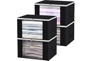 BriLumin Pudełko do przechowywania z pokrywką, 4 sztuki, 90 l, torba do przechowywania, organizer do przechowywania ubrań, pod łóżko, składane, na kołdry, ubrania, koce, czarne