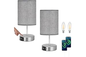 Lightess 2 Piezas Lámpara de Mesa Táctil Control Lámpara Mesita de Noche LED Regulable Pantalla de Tela Gris Lámpara Sobremesa 2 Puertos USB para Dormitorio, Habitación de Bebé, Incluye Bombillas
