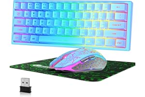 HOOPOND 60% Wireless Gaming Keyboard and Mouse Combo Set 2.4 GHz Rechargeable 3800 mAh 61 Keys Compact Keyboard with Rainbow LED Backlight + 2400 DPI 6 Buttons Rainbow LED Silent Mouse (Blue)