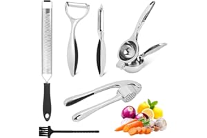 HZPZPP Lemon squeezers|Cheese grater|Micro planes grater|garlic crusher|Potato peeler, Cheese Grater Black & Brush- Lemon Squeezer - Set of 2 Peelers - Garlic Press, Stainless Steel - Rust Proof