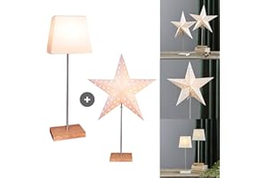 Tischlampe mit Wechselschirm Leo von Star Trading, 3D Papierstern Weihnachten oder eckiger Lampenschirm in Weiß mit Fuß aus Holz und Metall, Dekostern Tischleuchte mit Kabelschalter, E14, Höhe: 65 cm