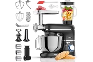 Fentic Robot kuchenny 2000 W, robot kuchenny, procesor żywności, miska do mieszania 6,2 l, w zestawie maszynka do mielenia mięsa, blender i dodatkowe akcesoria (Czarny)