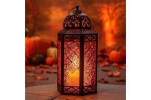 VELA LANTERNS Black Metal Decorative Moroccan Lantern Candle Holder Lamp for Indoor or Outdoor Home Decor, Large, Amber