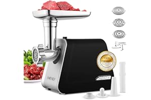 NICTEMAW Hachoir à viande électrique 2000 W - Multifonctions Hachoir Viandes Électrique avec 3 Plaques de Broyage, Tube de Remplissage de Saucisse, INOX, Noir