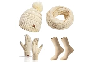 MAZELIKEHOOD Set Sciarpa Cappello Guanti Calzino Donna Caldo Cappello di Bobble con Sciarpa a Maglia e Guanti Tessuto Morbido e Comodo Invernale Ideale per Regalo di Natale Accessori Inverno Moda