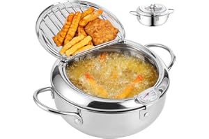 BOUFEIDA Pentola per friggere in acciaio inox, 2,2 l, con termometro e coperchio, per patatine fritte, ali di pollo e gamberetti