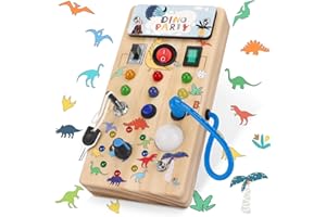 Konijiwa Dinosaurier Montessori Busy Board ab 1 Jahr Montessori Spielzeug mit 8 LED Lichtschalterspielzeug Activity Board Holzspielzeug Motorikspielzeug Sensorisches Lernspielzeug für Babys