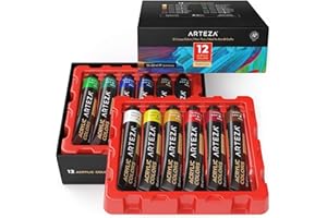 ARTEZA Coffret peinture acrylique, 12 tubes de couleurs (22ml), Pigments riches, Haute qualité, Non Toxique, Pour artistes professionnesl, peintres amateurs et peinture enfant