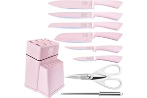 XYJ Knife Block Set, Pink Color, Stainless Steel Kitchen Knives with Knife Block Holder, Meat Cleaver, Professional Cooking Slicing Knife Kit for Master Chef, Kitchen Cutlery
