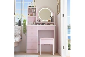 PREMTURE Mesa de cosméticos, Tocador con iluminación y 5 cajones, tocador con Espejo,Rosa, tocador de Esquina con Taburete, tocador, Dormitorio 80 x 40 x 135 cm