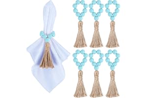 Meplait 6 Pieces Wooden Bead Napkin Rings Boho Napkin Rings for Dining Table, Wedding Decoration (Blue)