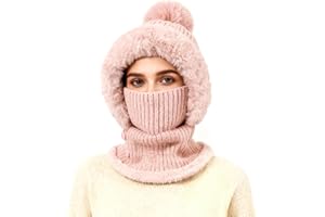 TAGVO Winter Warm Knitted Cap＆Neck Warmer Sets, Women Knit Balaclava Windproof Skimask, Flexible Beanie Hat with Hairball, Soft Thick Fleece Lined,Adjustable Face Mask for Outdoor Sports,Winter Gift