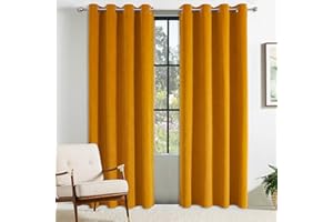 CUCRAF Eyelet Velvet Thermal Blackout Curtains for Bedroom - 46" x 90" (W x L) Gold 2 Panels Ring Top Soundproof Insulated Curtain Ideal for Kidsroom and Living Room