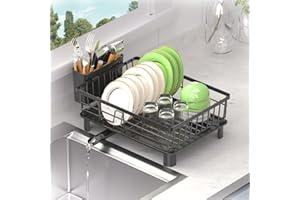 AFNGWWIN Scolapiatti da Appoggio,Scolapiatti da Lavello con Drenaggio Automatico,Acciaio Inox Scola Piatti da Lavandino con Ugello a Spirale e Portaposate per Cucina lavello