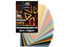 OfficeTree 40x Transparentpapier Bunt A4 – 20 Farben - 130 g/m² - Pergamentpapier Bunt inkl. Gold & Silber - Buntes Transparentpapier zum Basteln von Laternen