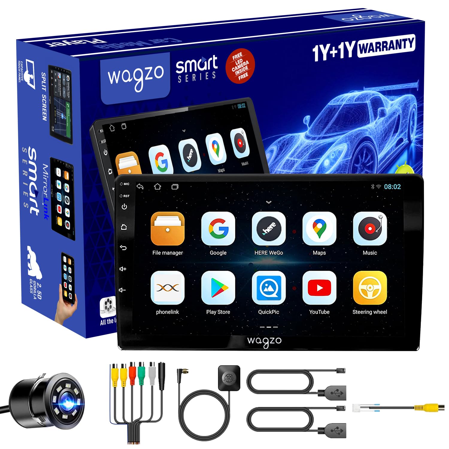 Wagzo Car Android System Touch Screen 9 Inch| TS9Pro Car Android Player|4GB/64GB|4th Gen|4Core|IPS Display|GPS & Bluetooth|WiFi & FM| Steering Control| LED Camera Included with Car Music System