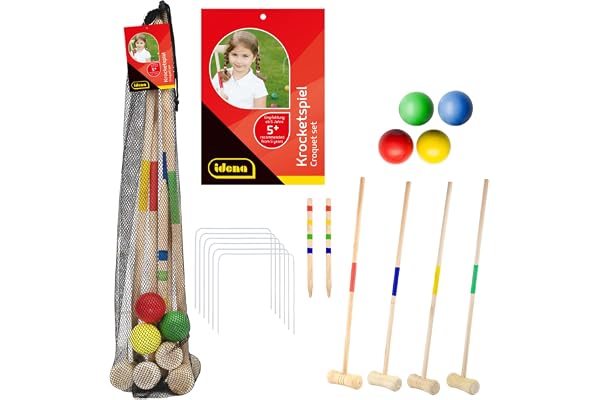 Idena 40609 – Krocket spel för barn, Croquet med racketar, bollar och målmarkeringsstavar av trä samt metallgrindar, inklusive bärnät