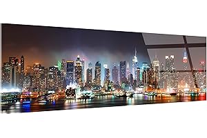 DECLINA, tableau panorama New York by Night, tableau décoratif moderne, impression sur verre acrylique, décoration murale nocturne, photo skyline illuminé, art urbain, cadre mural design