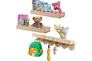 Emooncn Wooden Nursery Book Shelves with Round Hooks,Set of 3 Nursery Shelves Baby Floating Shelves Book Shelf Toys Storage Organizer Wall Bookshelf for Kids Bedroom Living Room,Easy to Hang, 40CM