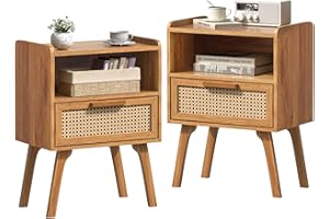 LELELINKY Nachttisch Modern Rattan 2er Set, Kleiner Beistelltisch Holz mit Schublade und Offenem Regal, Nachttische hat Tischbeine aus Massivholz für Wohnzimmer Sofatisch, Schlafzimmer Nachtkommode