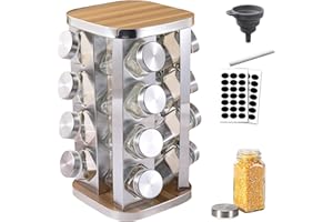 Amalan eu 360° Girevole Porta Spezie in Legno con 16 Barattoli-Organizer Cucina Moderno,Contenitori Spezie con Coperchio Acciaio Inox,Set Completo con Etichette e Pennarello-Dimensione 19x19x33 cm