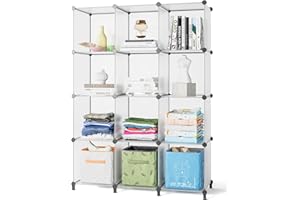 FUNLAX Cube Storage Unit, 12 Cube Bookcase Bookshelf Portable Bathroom Storage Plastic Cube Organiser Stackable Cube Shelving Unit for Clothes Books Toys Yarn Shoes