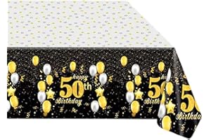 POPOYU 137*274cm Happy 50th Birthday Table Cloth for Men,Women,Him,Her,Black Gold Female Male 50th Birthday Table Party Decorations Table Cover Plastic Tablecloth for 50th Birthday Party Table Accessories