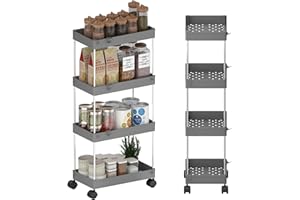 GOOPOOL Carrellino Cucina 4 Livelli, Carrello Bagno Salvaspazio Carrello Portaoggetti Ruote, Carrello multifunzione da cucina Carrello Organizer per Lavanderia, Grigio